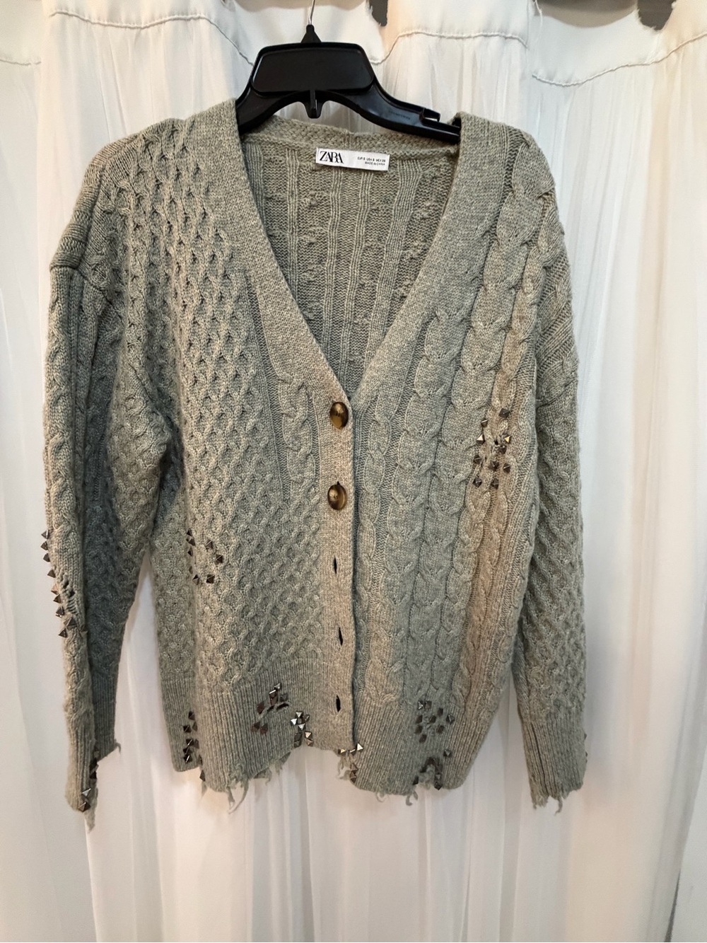 Zara Light Gray Cable-Knit Cardigan with Stud Accents